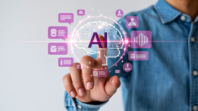 Ai technology concept with digital brain hologram and futuristic interface
