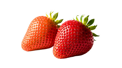 Two ripe strawberries with green leaves against a stark studio shot on transparent background