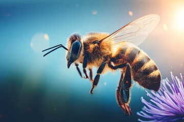 Striped bee hovers near a purple flower, sun shining behind