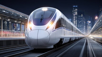 Futuristic High-Speed Train at Night with City Skyline Background and Bright Lights in Urban Setting