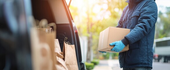 The delivery worker holding a cardboard box while loading a van with grocery bags