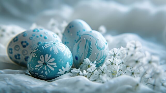 Blue Easter Eggs with White Polka Dots on Light Blue Background. Easter eggs