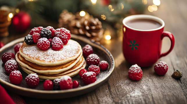 Stack of pancakes topped with berries and powdered sugar for Christmas  