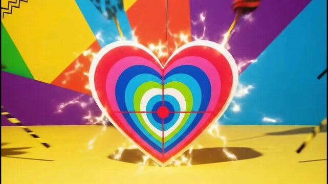 Bold graphic props in electric colors with oversized features arranged dynamically.  Wow vibrant rainbow heart, colorful electric sparks, pop art style, christmas photo booth props