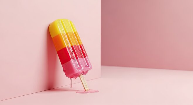 Celebrate summer with a vibrant, melting popsicle against a pastel pink backdrop, perfect for eye-catching promotions and designs that scream refreshing fun