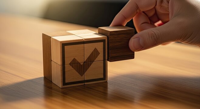 Completing a vital task with wooden blocks, demonstrating strategy and achievement in a conceptual and creative way, promising success and innovation