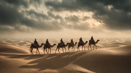 Fototapeta premium Camels Walking Across Sand Dunes Under Dramatic Cloudy Sky at Sunset in Desert Landscape