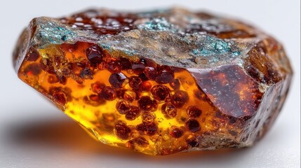 Close-up of a piece of natural, raw amber, with an insect inclusion if possible, translucent golden-brown, isolated on a plain white backlit surface