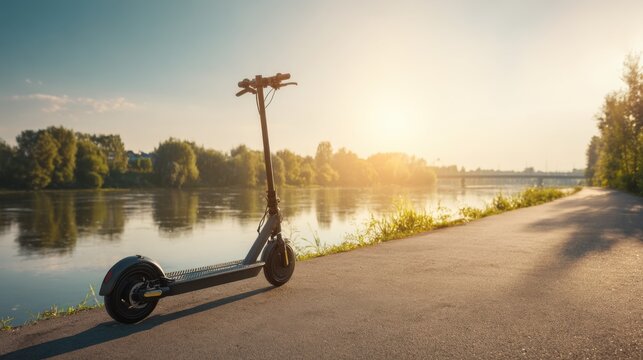 Electric scooter parked near serene river during sunset, showcasing modern transportation and leisure lifestyle