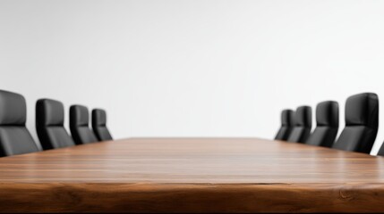 A boardroom setup, ready for a meeting, showcasing a large wooden table and elegant chairs, embodying a sense of professional space and expectation.