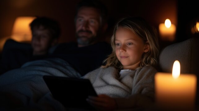A family cozying up together on a sofa, illuminated by candlelight, the young girl is engrossed in a tablet, while father and son look on, creating a moment of digital and family connection. - Powered by Adobe