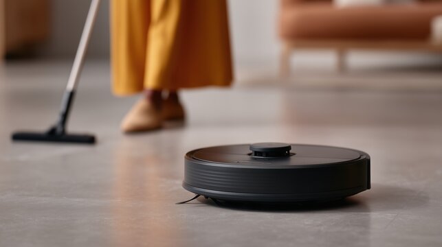 An automated, cutting-edge vacuum cleaner diligently navigates a home environment, showcasing the integration of robotics and modern convenience. A person uses manual cleaning tools. 
