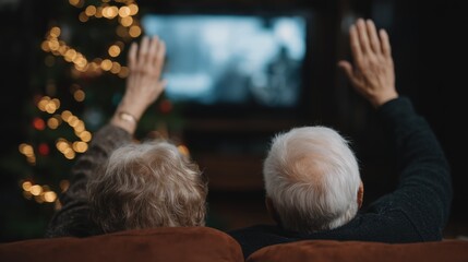 An elderly couple immersed in a televised event, their hands raised in unison, set against a backdrop of a festive tree. A poignant capture of shared moments and the spirit of the season.