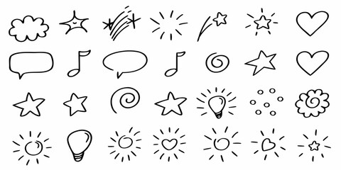Collection of hand drawn doodle icons including stars hearts clouds music notes lightbulbs and suns