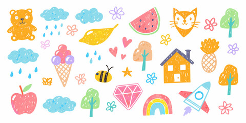 Collection of cute hand drawn elements for childrens designs including animals weather and food