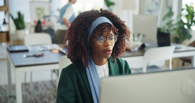 Journalist, woman and reading in office with computer for story ideas, news report and planning. Person, coworking and proofreading in workplace with desktop for article, blog and media publication.
