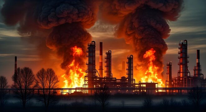 Massive industrial disaster: huge fire and explosion at oil refinery causing pollution and dark smoke.