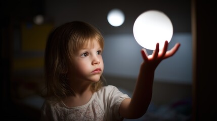 A young child holds a glowing orb, illuminating a sense of wonder and curiosity. The image is captured in low light, adding a magical touch. 