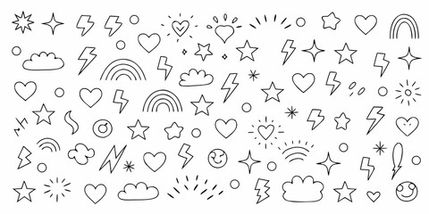 Collection of hand drawn doodle icons including stars hearts lightning bolts clouds rainbows and smiley faces