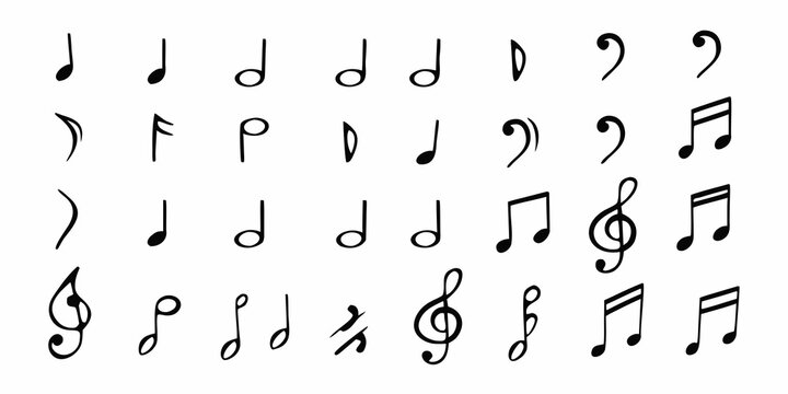 Collection of hand drawn musical notes and symbols on a white background