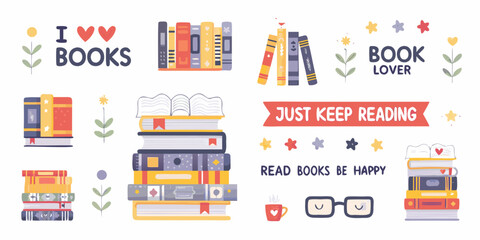 Collection of cute illustrated books reading quotes and related items for book lovers