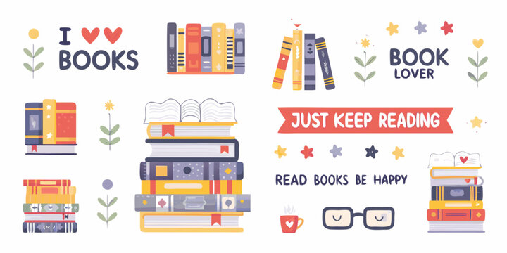 Collection of cute illustrated books reading quotes and related items for book lovers
