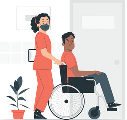 Nurse Pushing Patient In Wheelchair Through Hospital Corridor medical