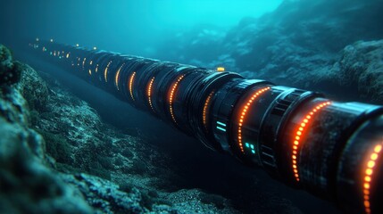 Submerged data conduit, thick armored cable with glowing status lights, running along a deep ocean trench, information superhighway, critical infrastructure