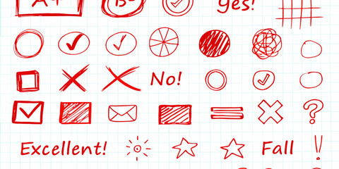 Collection of red hand drawn doodles and symbols on a grid paper background