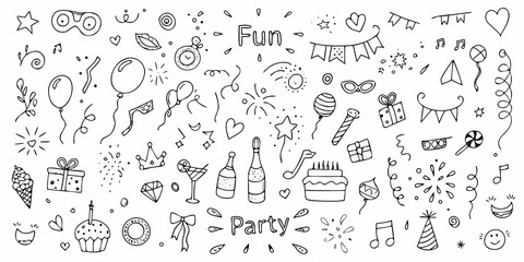 Collection of hand drawn doodle elements for birthday party celebration and fun events