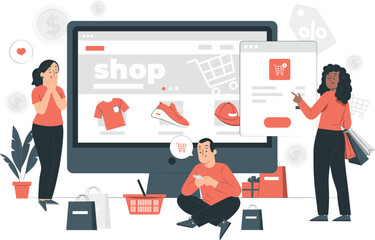Online shopping concept with people and computer screen Keywords: online shopping, e-commerce