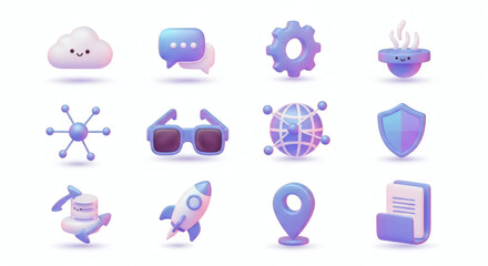 Fototapeta premium Modern 3D Rendered Icon Set Showcasing Essential Digital Concepts, Cloud Computing, Business Operations, Cybersecurity, and Future Innovation