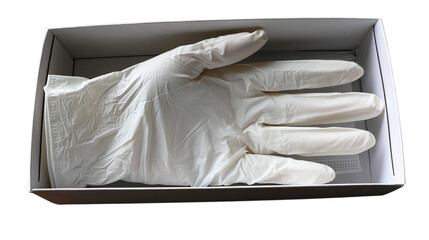 A clean white disposable glove rests in a box, symbolizing safety and hygiene.