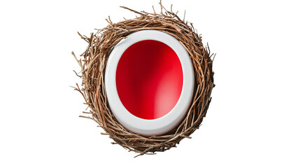 A vibrant red bowl nestled in a natural twig nest, symbolizing comfort.