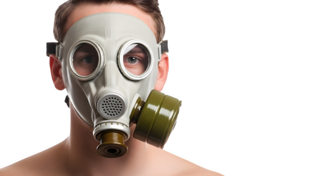 Man wearing a protective respirator gas mask isolated on white background for safety concepts