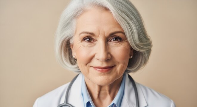 A senior female doctor with gray hair wearing a white coat and stethoscope, smiling warmly. Ideal for healthcare and medical themes.
