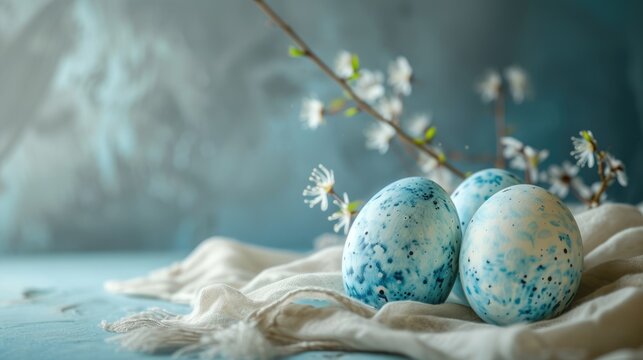 Blue Easter Eggs with White Polka Dots on Light Blue Background. Easter eggs - Powered by Adobe