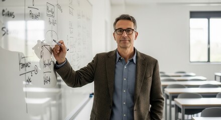 A businessman explaining concepts on a whiteboard in a modern classroom setting. The atmosphere is professional and educational, ideal for corporate training.
