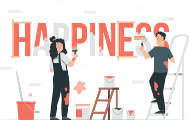 People Painting the Word Happiness on Wall with Paint Roller and Brush woman