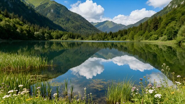 A tranquil alpine lake perfectly reflects the blue sky and white clouds, framed by lush green mountains and foreground wildflowers, capturing a peaceful summer landscape. - Powered by Adobe