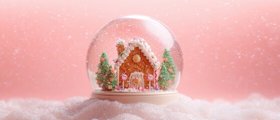 The Gingerbread House in a Snow Globe on Soft Pink Snowy Background
