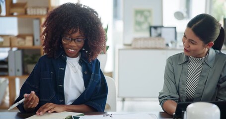 Documents, business women and talk in meeting with marketing data, proposal and smile. Paperwork, marketer or team discussion with chart for social media traffic, campaign notes and laptop in office - Powered by Adobe