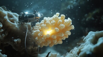 Micro-ROV, tethered, exploring the interior of a delicate sea sponge, non-invasive research, gentle illumination