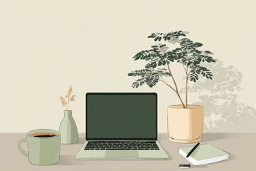 Cozy Workspace Setup with Laptop Coffee and Plant for Productivity