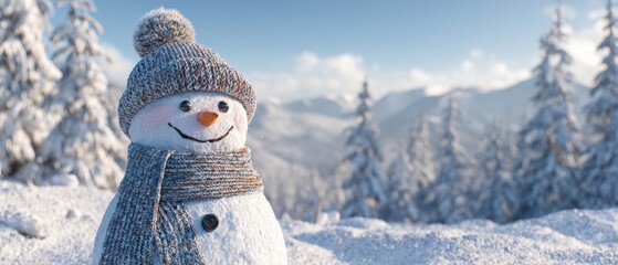 The Snowman Wearing a Cozy Knit Hat and Scarf in Sunny Winter Mountains