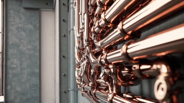 Copper piping installation showcasing intricate plumbing design in a modern building setting
