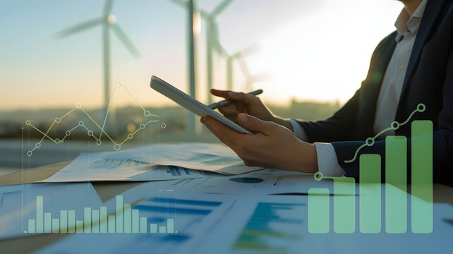 Dynamic professional analyzing renewable energy growth charts on tablet with wind turbines in background at sunset, symbolizing green finance success