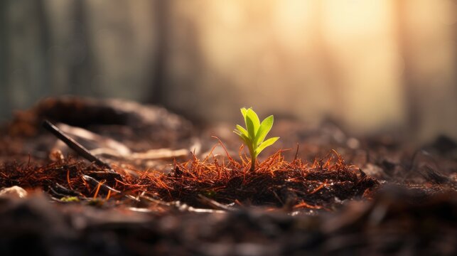 Close-up of a Small Green Plant Growing in a Sunlit Forest Ground