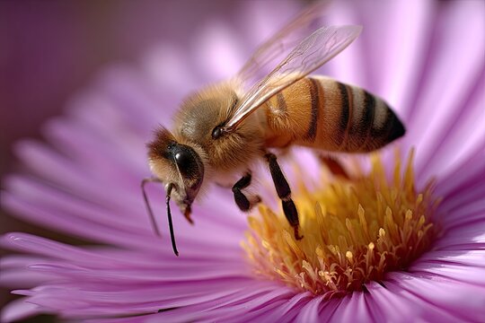 Bee collecting pollen from bright pink flower with yellow center
