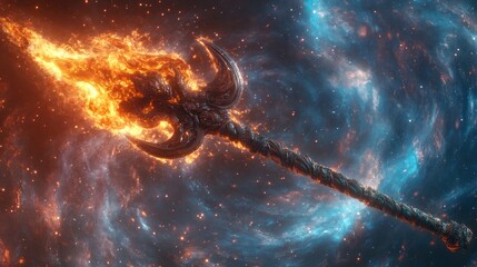 Trident (Trishula) of Shiva, prongs forged from celestial metal, tips glowing with cosmic fire, set against a backdrop of a swirling galaxy